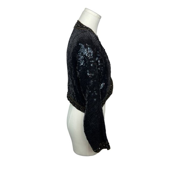 Vintage 80s Black Sequin Bolero Jacket With Gold Trim & Long Sleeves Sz XS/S - Picture 2 of 6